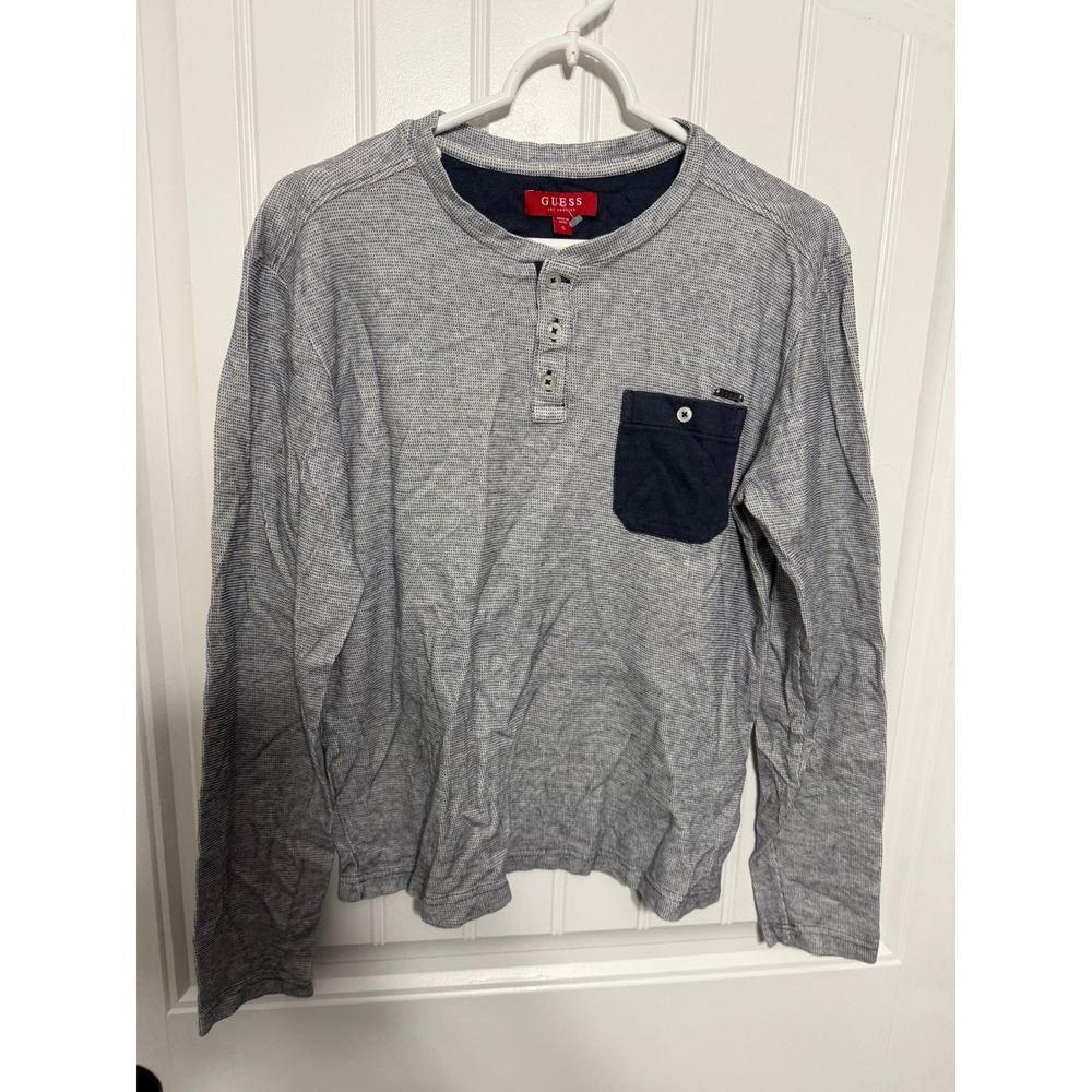 Guess Henley Men S X33P29R8BH0 Long Sleeve Contrast Pocket Textured EUC
